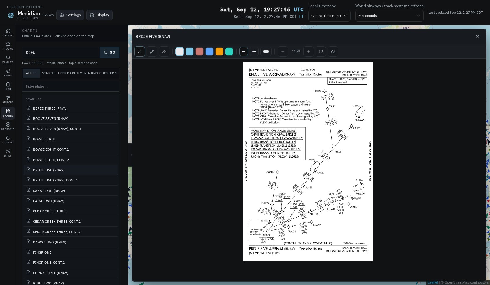 KDFW BRDJE FIVE RNAV STAR plate open in Meridian